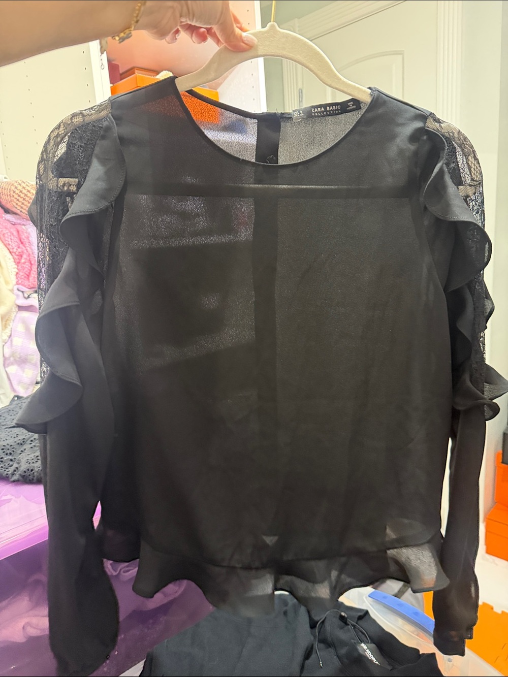 Zara Black Sheer Ruffle Sleeve Blouse